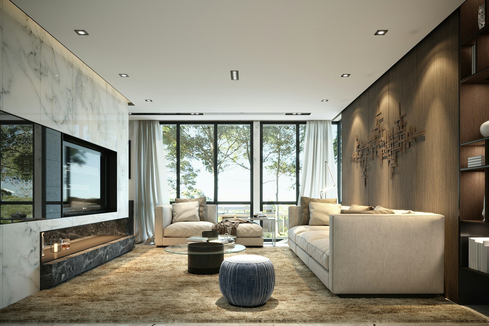 Modern living room with large windows – representative luxury interior