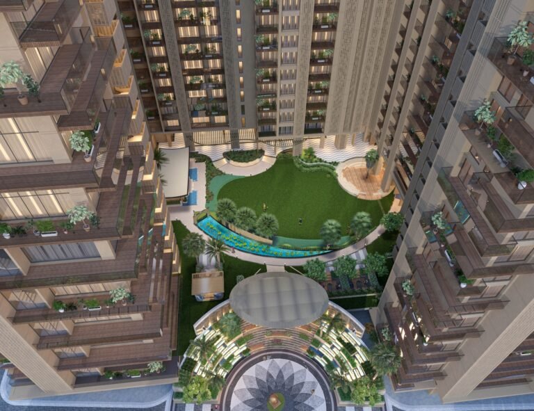 Podium garden seen from above at The Autograph, Jaipur